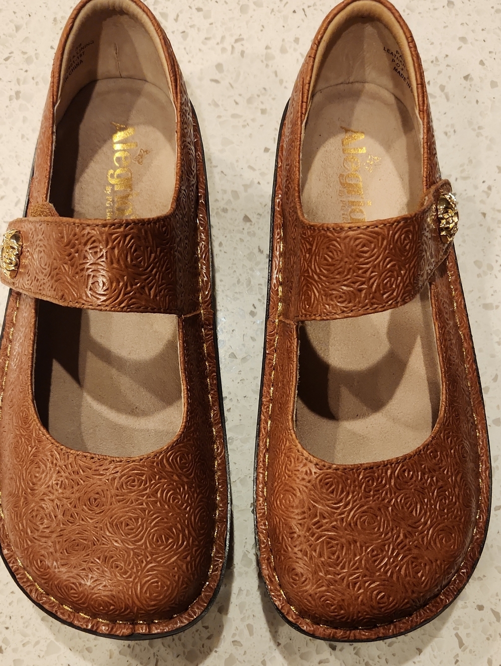 Alegria Tan Embossed Mary Jane Flats with Gold Button